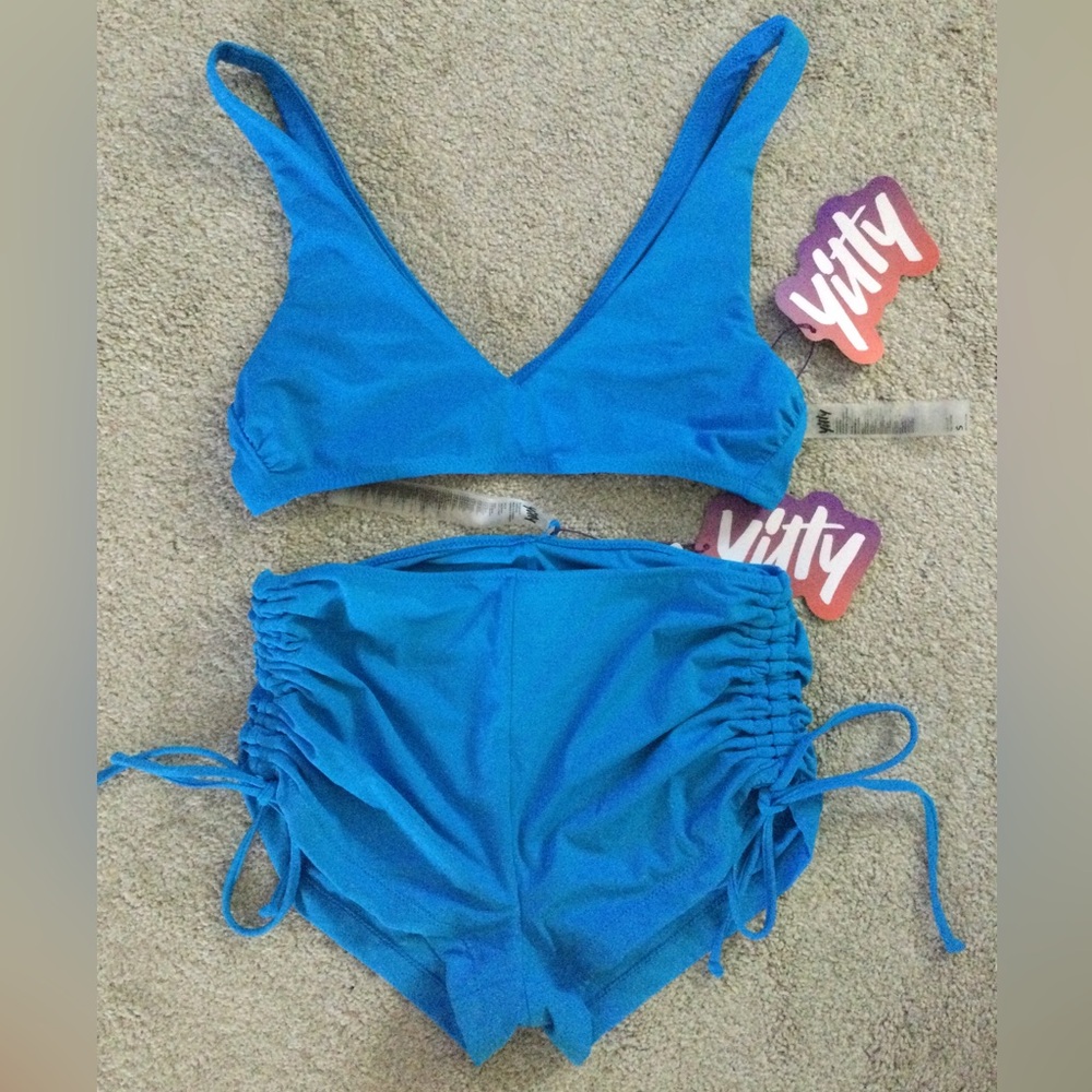 Yitty aqua blue V-neck bikini top with high waist bottom, size S, brand new